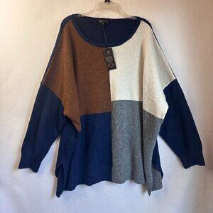 DG2 by Diane Gilman sweater top‎ women 2X blue brown colorblock poly/spandex NWT